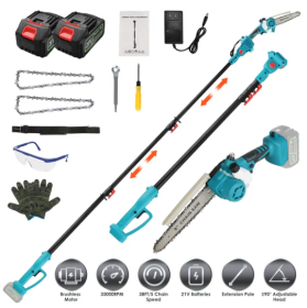 2-IN-1 Cordless Pole Saw And Mini Chainsaw With Extension Pole 21V Battery 8' Electric Brushless Pole Chainsaw With Auto Oiler Safety Switch 6.4L (Color: Blue)