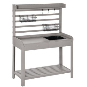 Potting Bench Table, Garden Work Bench, Workstation with Metal Sieve Screen, Removable Sink, Additional Hooks and Baskets for Patio, Courtyards, (Option: Grey-1175x530x240 mm)