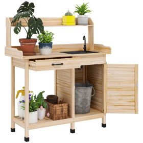 Potting Bench Table with Sink, Outdoor Work Bench Table with Storage Cabinet, Hooks, Removable Sink, Faucet and Drawer for Greenhouse, Garden, P (Option: Natural Wood-1190x540x260 mm)