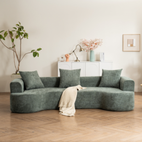 Modern Style Curved Sofa, Soft Corduroy Sofa With 3 Pillows, Living Room Milky White Ultra Smooth Curved Fabric Sofa (Color: Green)