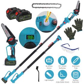 Cordless Pole Saw And Mini Chainsaw With Extension Pole 21V Battery 6IN Electric Brushless Pole Chainsaw With Digital Display Auto Oiler Safety S (Color: Blue)