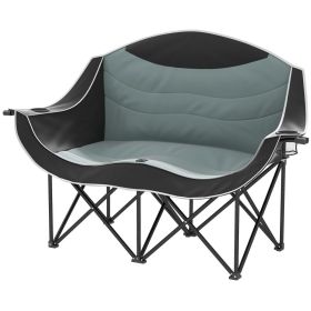 Padded Folding Camp Chair For Adults, Double Camping Chair With Armrests, Cup Holders, Carry Bag For Outdoor, Black (Color: Black)