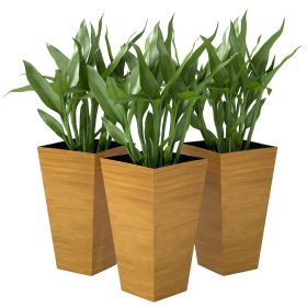 Set of 3 Tall Planters, 28" Outdoor Planter w/ Drainage Holes, Faux Wood Plastic Flower Pots, Light Brown (Option: Brown-415x415x910 mm)