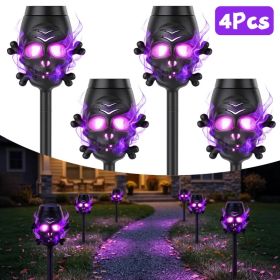4 Packs Solar Skull Torch Lights Halloween Decorations Purple Flame Effect Solar Pathway Lights with 3D Skull Design IP44 Waterproof Stake Lights (Option: 4pcs)