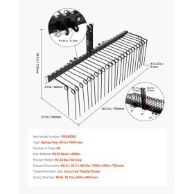 60 In Tow Behind Landscape Rake, 3 Point Hitch Lawn Dethatcher Rake, 26 Spring Steel Tines, For Category 1 Tractors, Heavy Duty & Rust-Resistant (Option: Black)